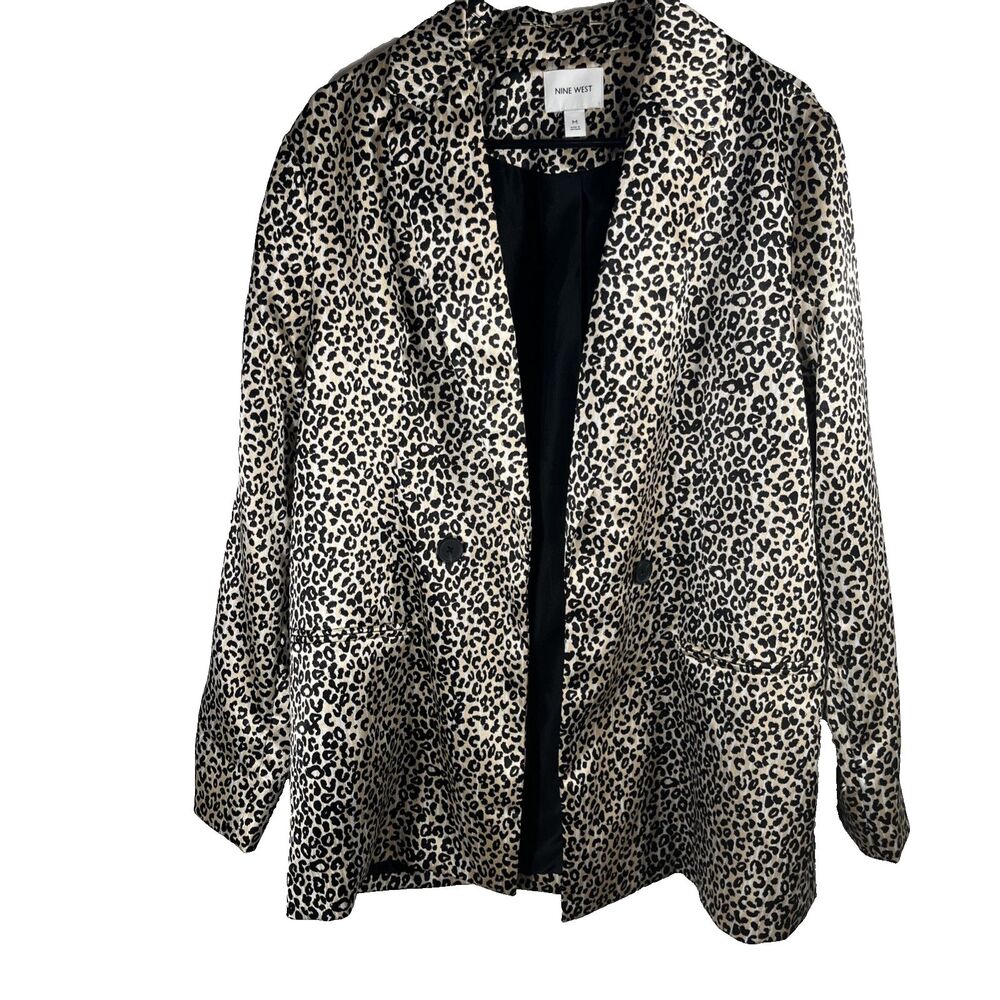 Nine West Women's Leopard Print Blazer Jacket Size M Satin Lined Animal Career - Picture 2 of 8
